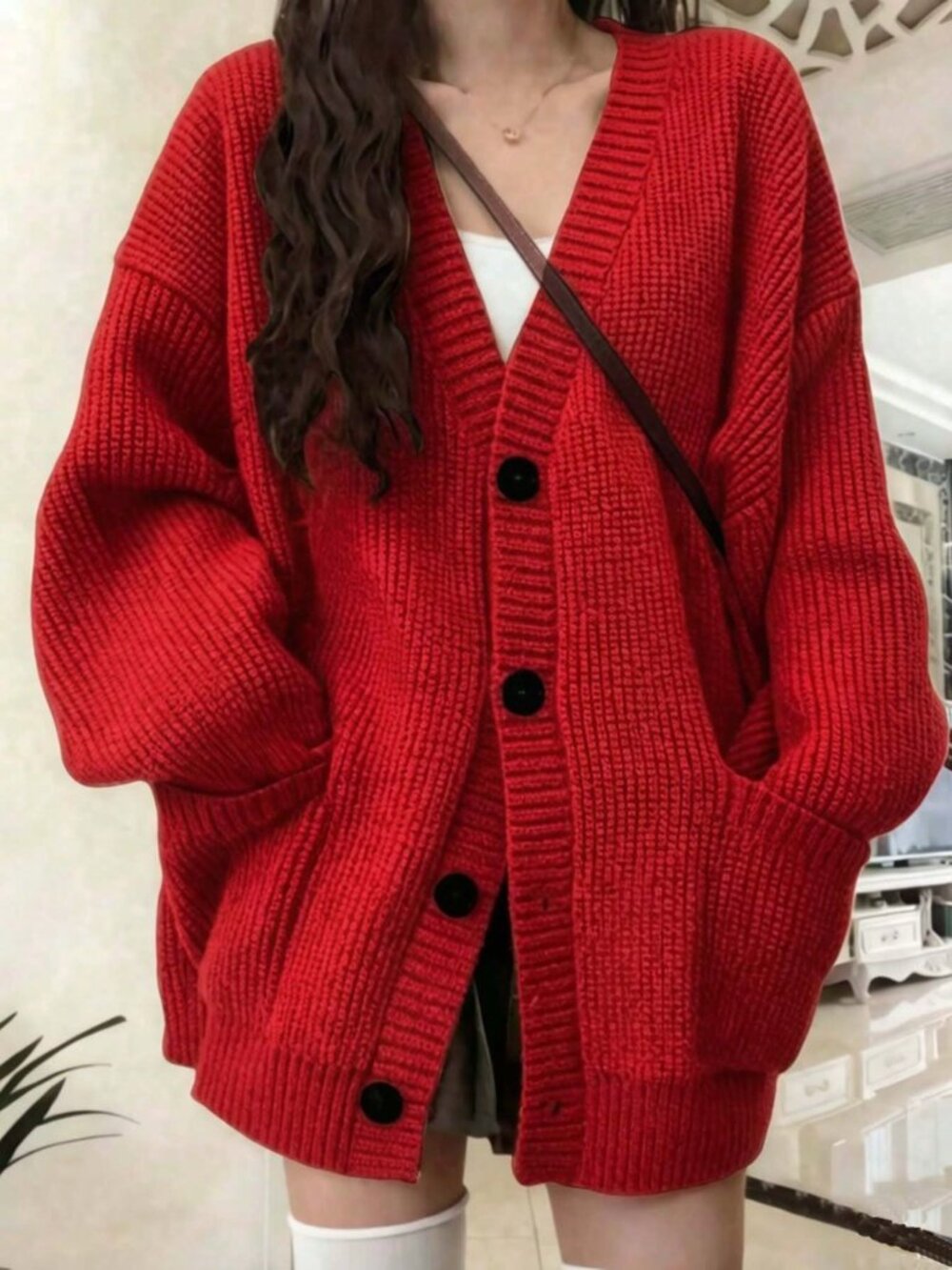 Red Casual Women's Knitted Cardigan Sweater